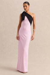 Adara | Pink & Black Asymmetric-Neck Maxi Dress With Bow-Detail