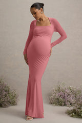 Abeam | Blush Pink Maternity Maxi Dress With Sheer Sleeves