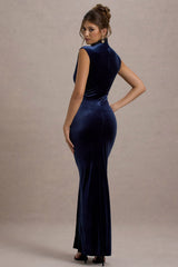 Abilene | Navy Velvet High-Neck Split Maxi Dress