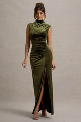 Abilene | Olive Velvet High-Neck Split Maxi Dress