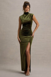 Abilene | Olive Velvet High-Neck Split Maxi Dress