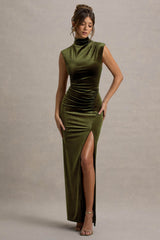 Abilene | Olive Velvet High-Neck Split Maxi Dress